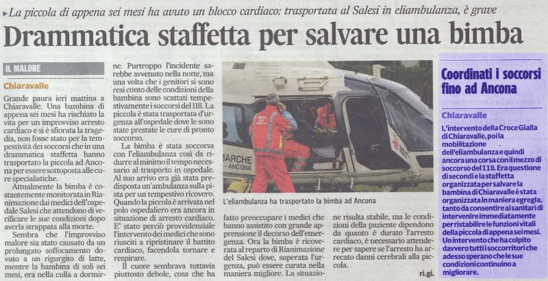 L'articolo titola: Drammatica staffetta per salvare una bimba. Coordinati i soccorsi fino ad Ancona